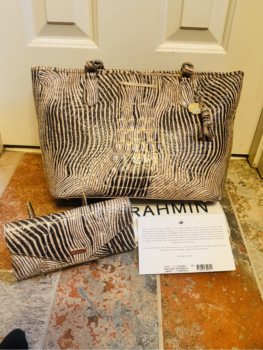 Brahmin “Spirit” Melbourne Zebra Print Croc Embossed Leather Tote and Wallet!!